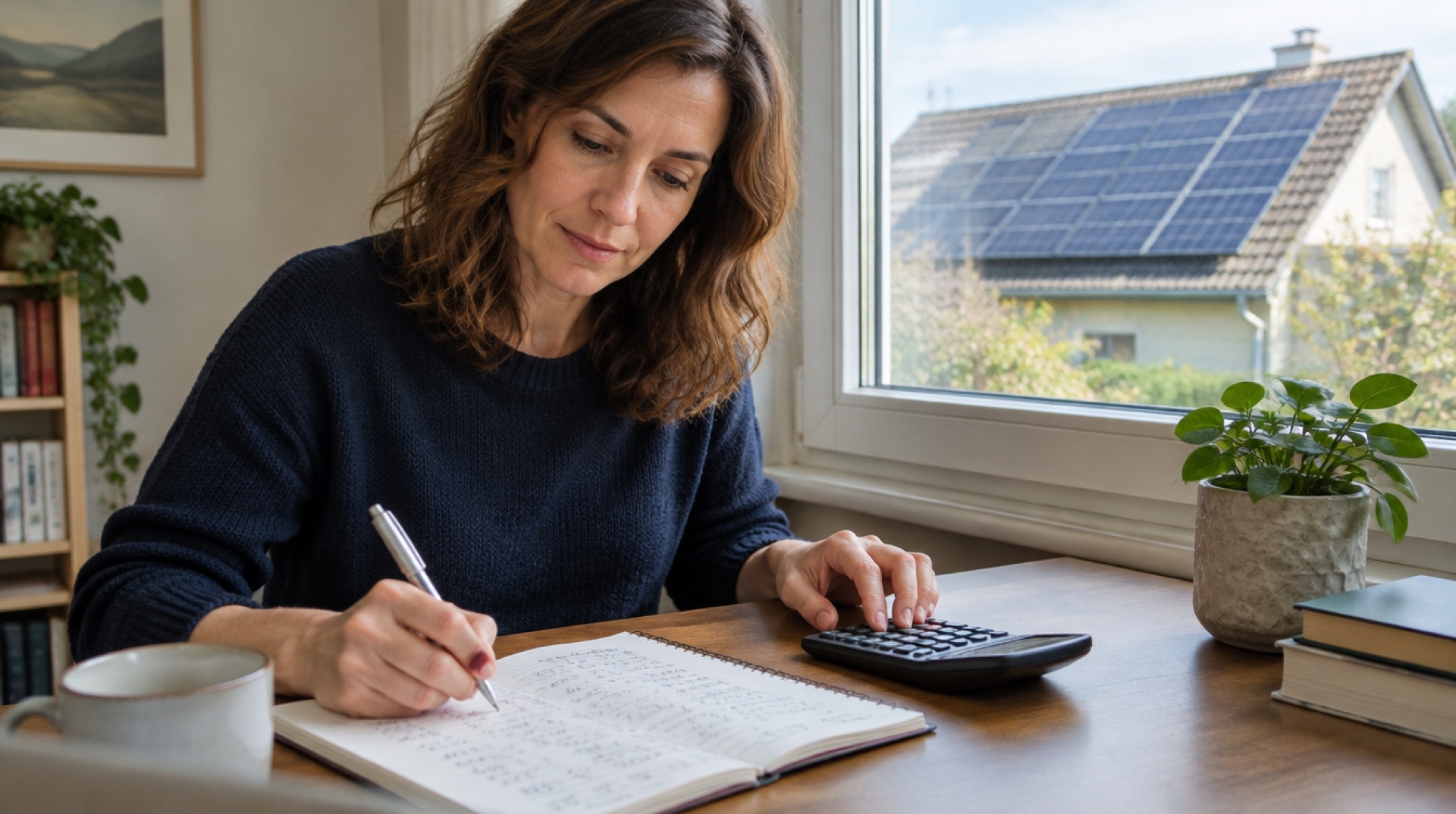 Vrouw rekent aan tafel met een notitieboek vol cijfers en een rekenmachine, buiten een dak met zonnepanelen