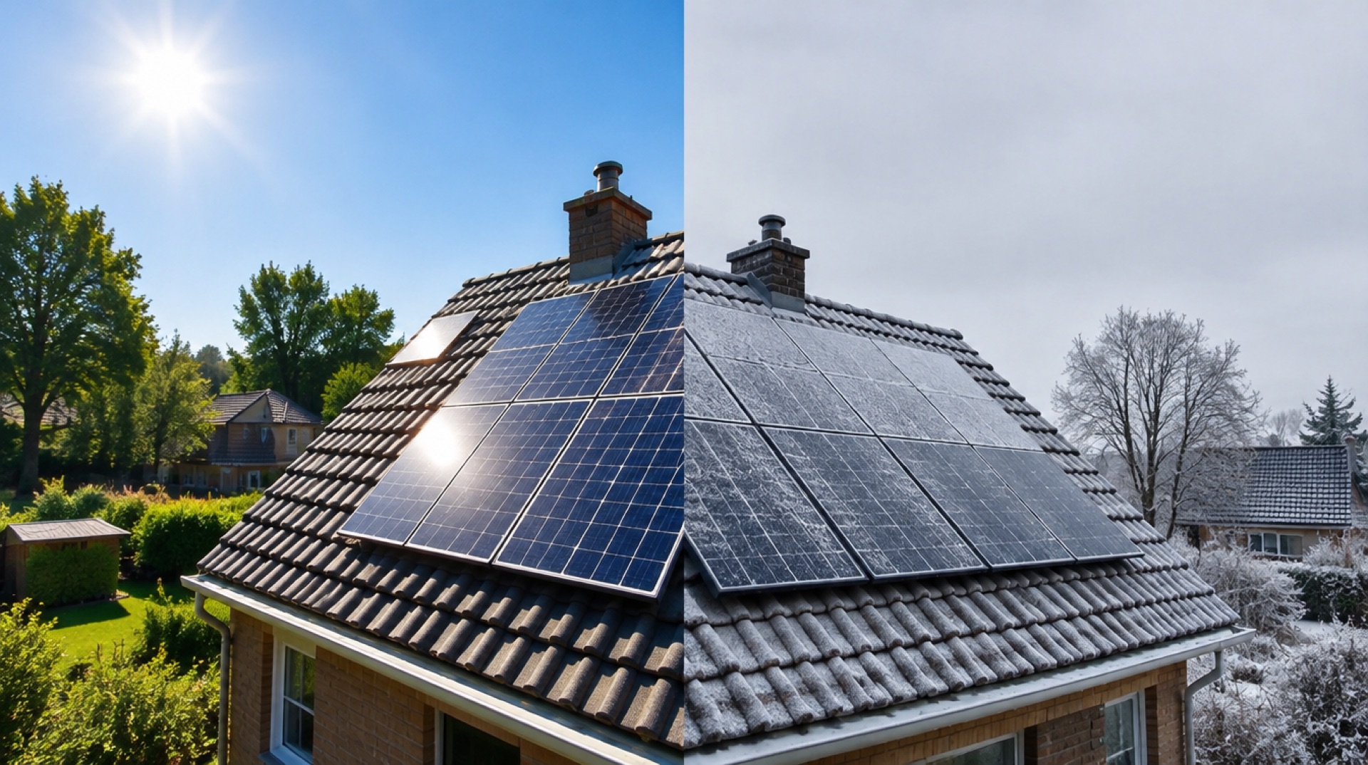 Hetzelfde dak met zonnepanelen in twee helften: links in de zomerzon, rechts grijs en berijpt in de winter