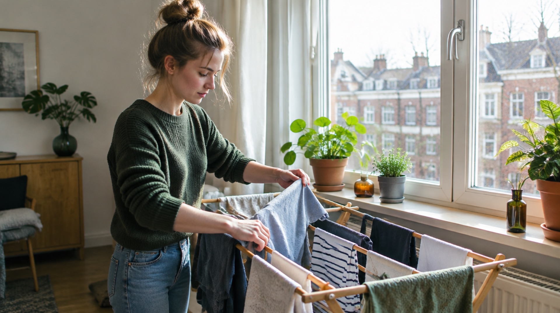 Jonge vrouw hangt de was op een houten droogrek bij het raam